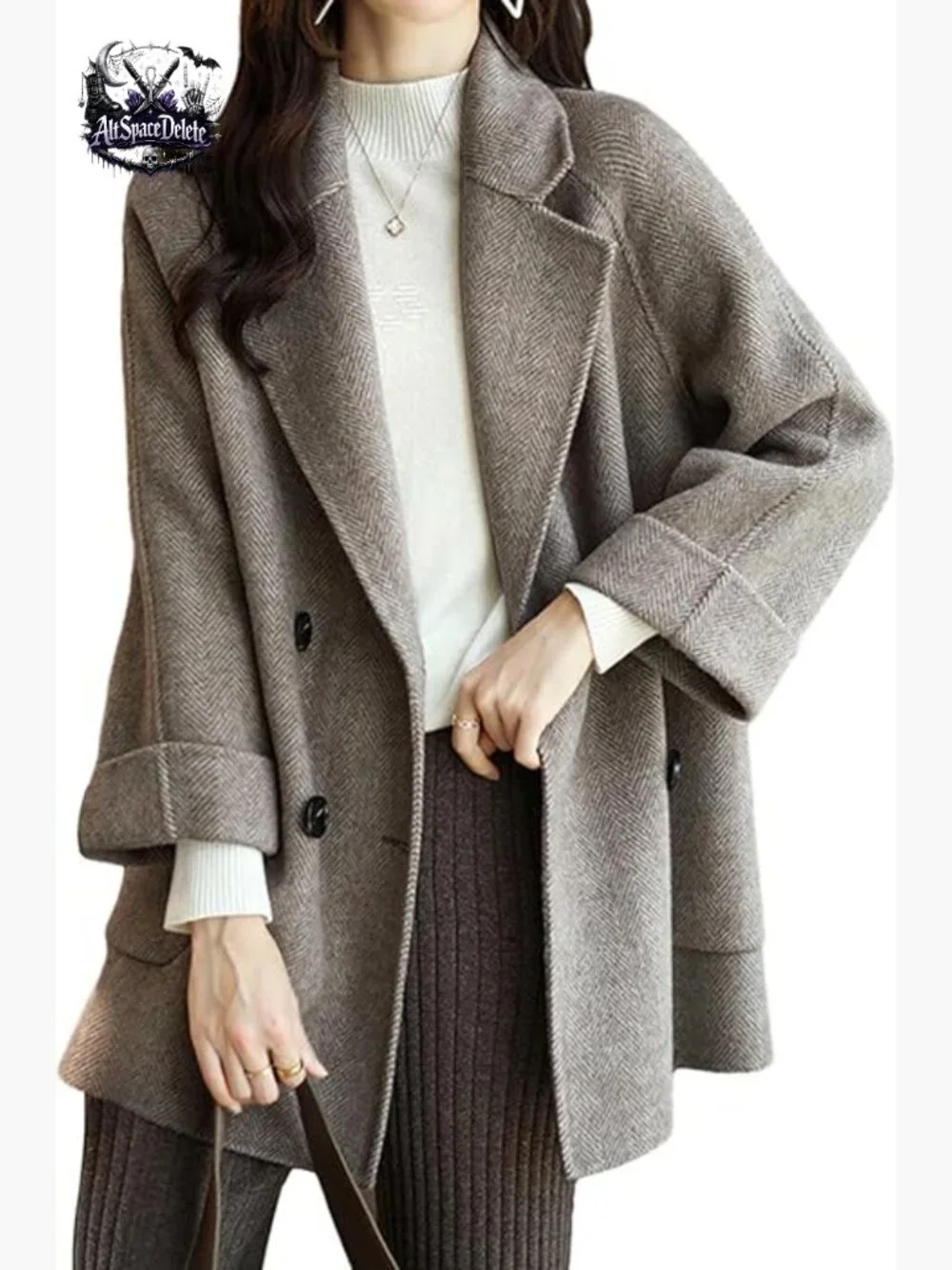 Wool Blend Pea Coat Double Breasted Loose Fit Winter Overcoat